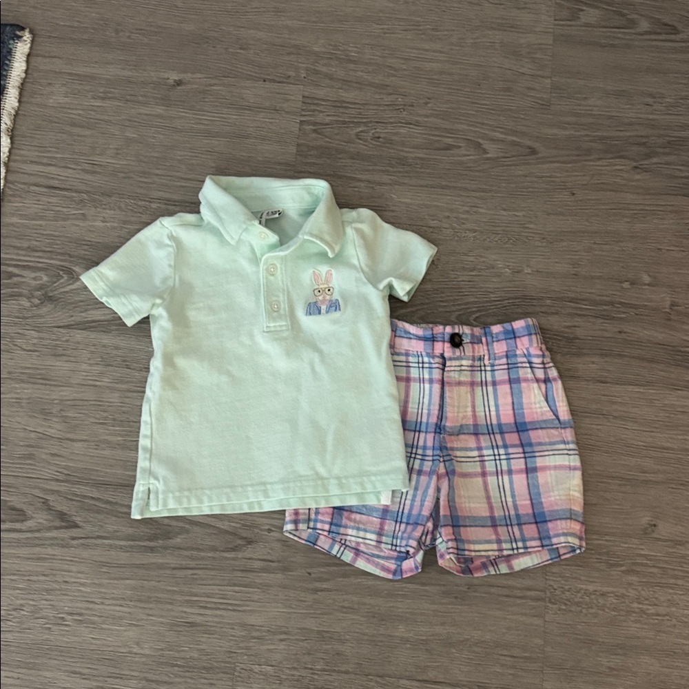 Janie and Jack BOY 12-18 Mth plaid ZipL Shorts & Polo Shirt Embroidered Bunny